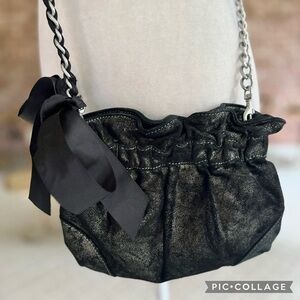 Loft Bag Clutch Metallic Bow Soft shell Leather Black Silver Evening Fancy Party